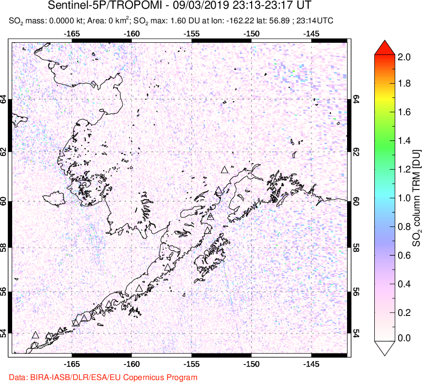 A sulfur dioxide image over Alaska, USA on Sep 03, 2019.