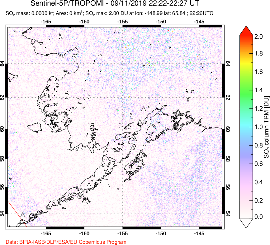 A sulfur dioxide image over Alaska, USA on Sep 11, 2019.