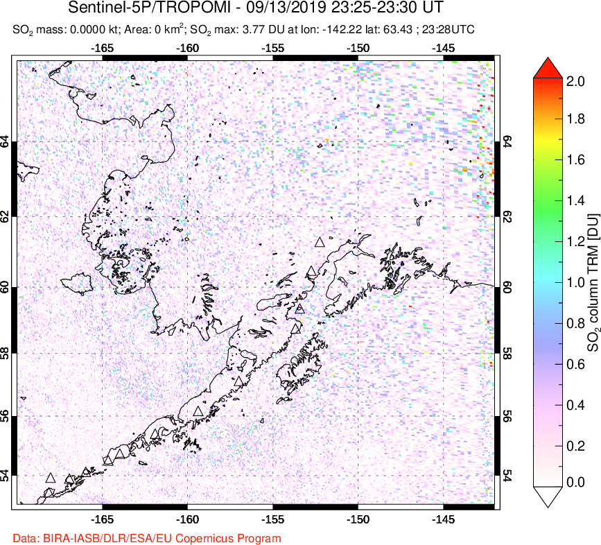 A sulfur dioxide image over Alaska, USA on Sep 13, 2019.