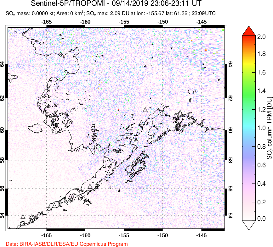 A sulfur dioxide image over Alaska, USA on Sep 14, 2019.