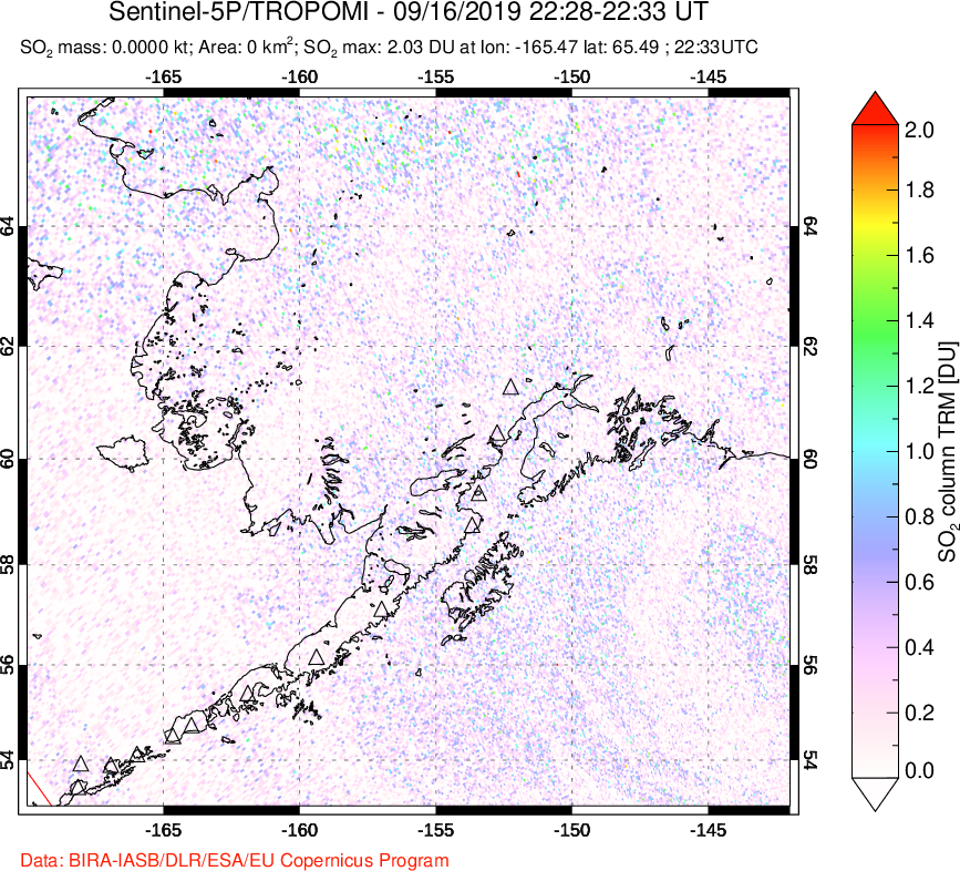 A sulfur dioxide image over Alaska, USA on Sep 16, 2019.