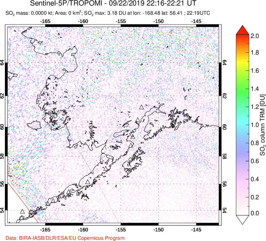 A sulfur dioxide image over Alaska, USA on Sep 22, 2019.