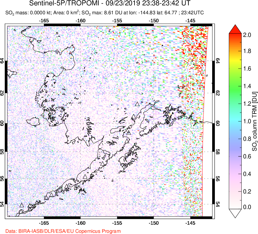 A sulfur dioxide image over Alaska, USA on Sep 23, 2019.