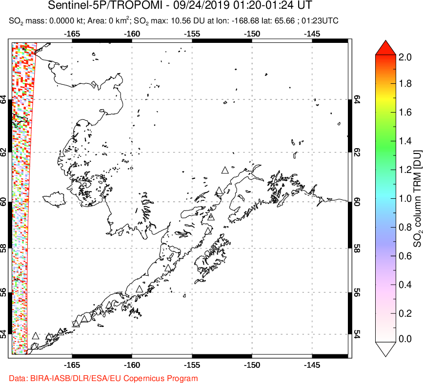 A sulfur dioxide image over Alaska, USA on Sep 24, 2019.