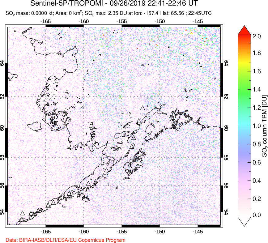 A sulfur dioxide image over Alaska, USA on Sep 26, 2019.