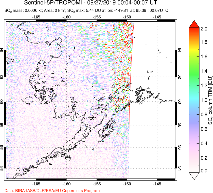 A sulfur dioxide image over Alaska, USA on Sep 27, 2019.