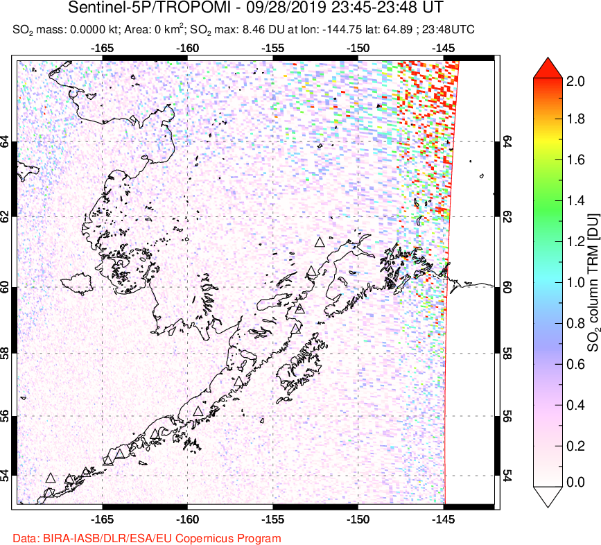 A sulfur dioxide image over Alaska, USA on Sep 28, 2019.