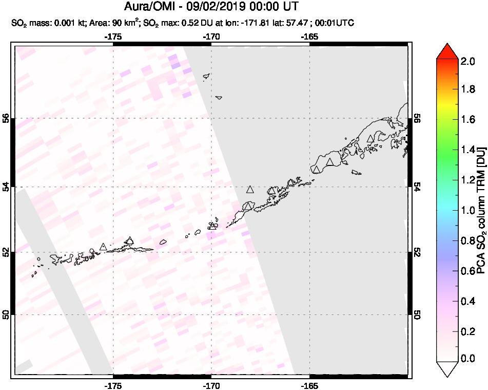 A sulfur dioxide image over Aleutian Islands, Alaska, USA on Sep 02, 2019.