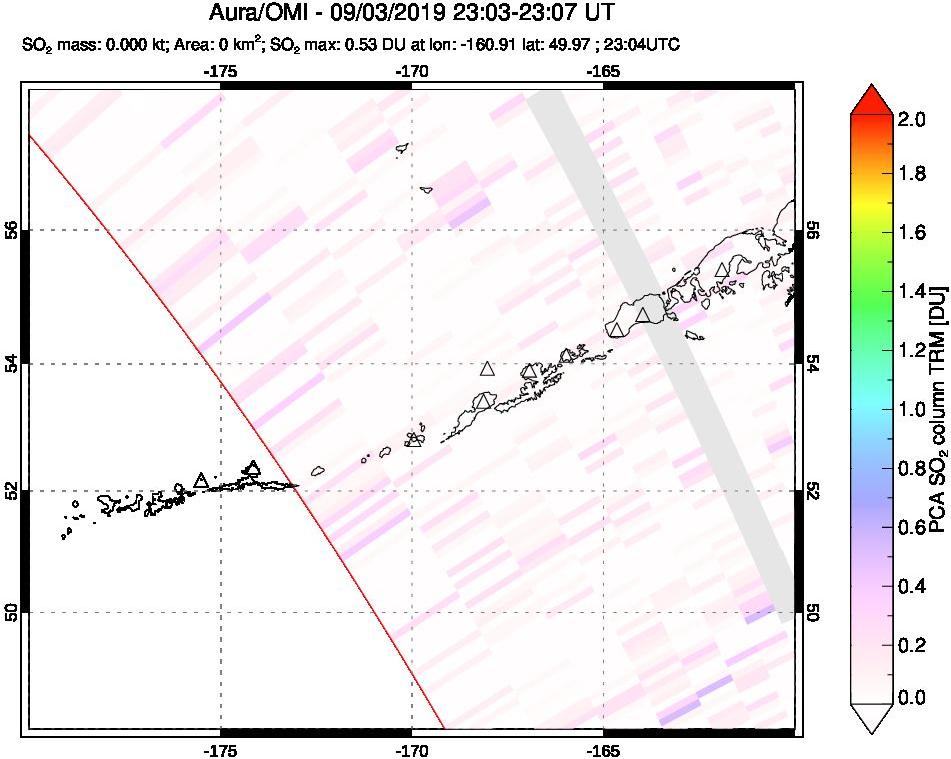 A sulfur dioxide image over Aleutian Islands, Alaska, USA on Sep 03, 2019.