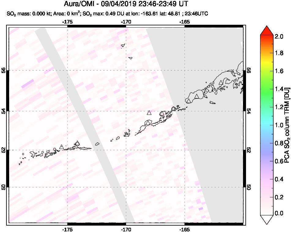 A sulfur dioxide image over Aleutian Islands, Alaska, USA on Sep 04, 2019.