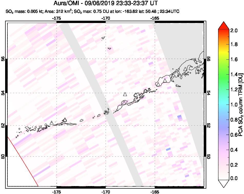 A sulfur dioxide image over Aleutian Islands, Alaska, USA on Sep 06, 2019.
