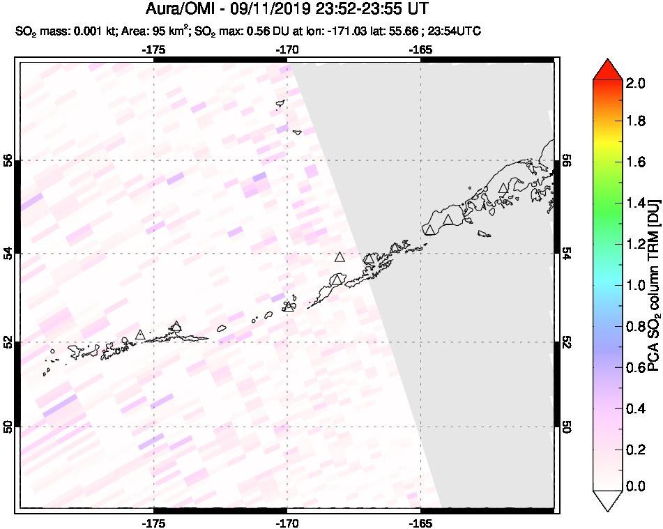 A sulfur dioxide image over Aleutian Islands, Alaska, USA on Sep 11, 2019.