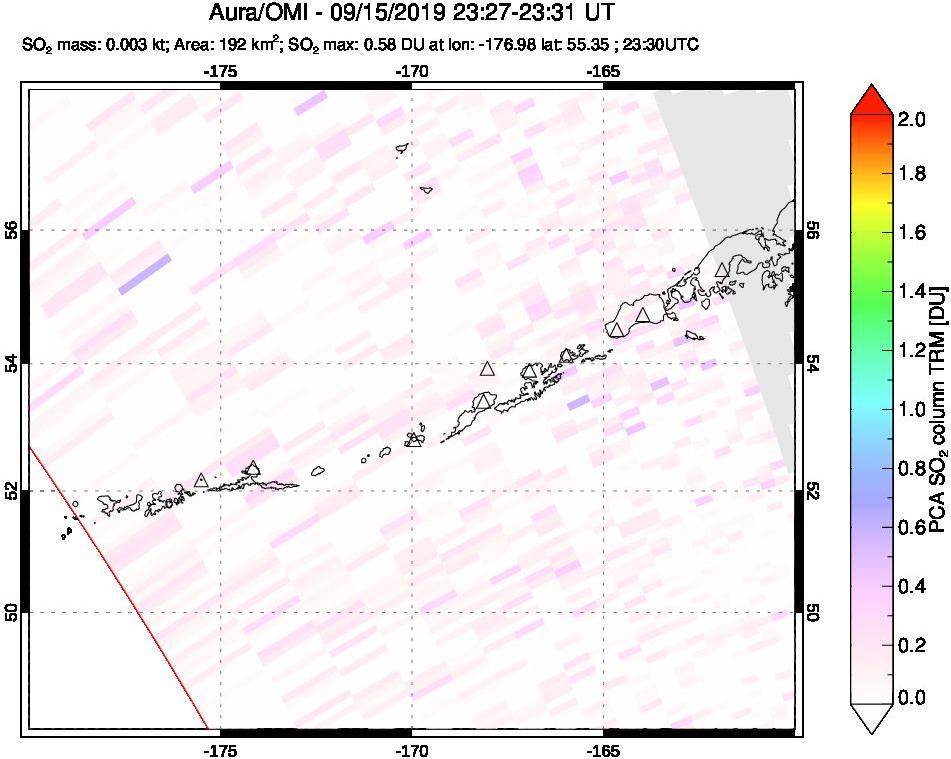 A sulfur dioxide image over Aleutian Islands, Alaska, USA on Sep 15, 2019.