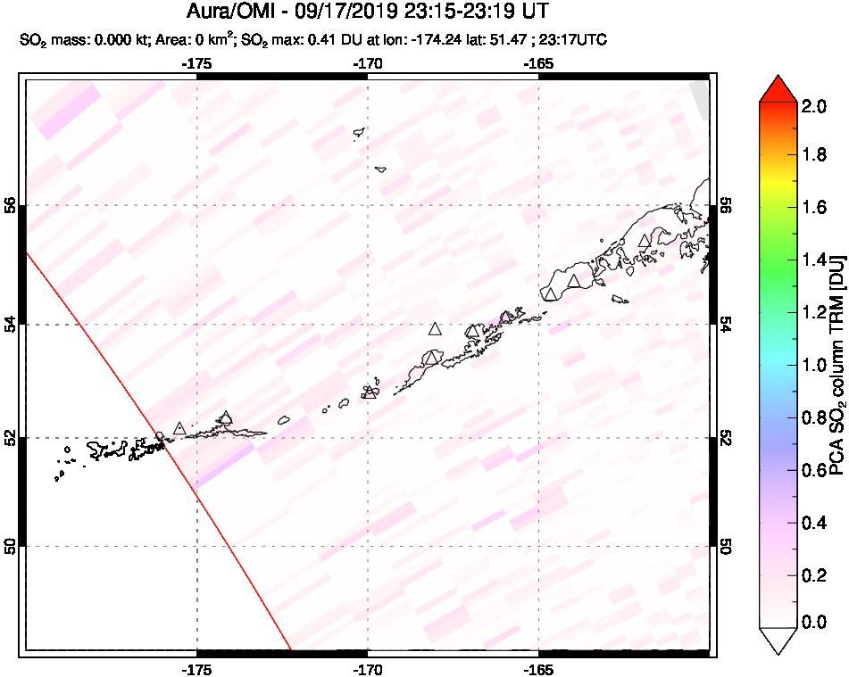 A sulfur dioxide image over Aleutian Islands, Alaska, USA on Sep 17, 2019.