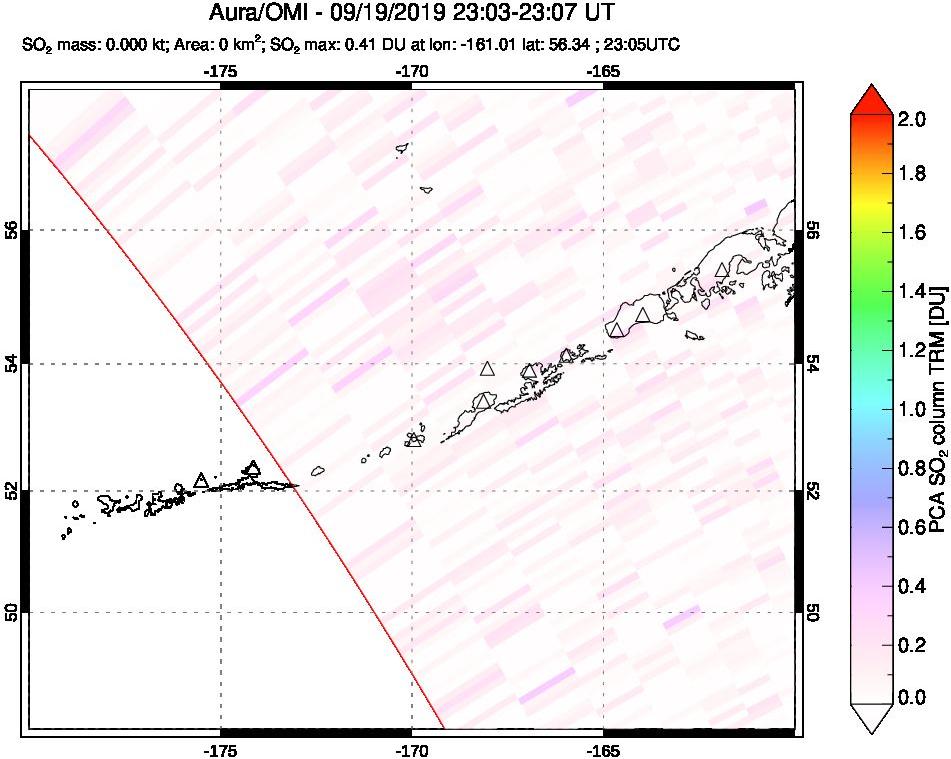 A sulfur dioxide image over Aleutian Islands, Alaska, USA on Sep 19, 2019.