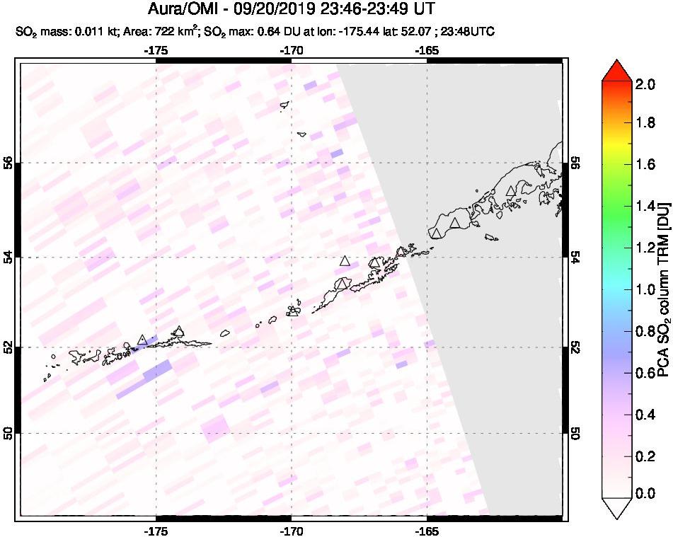 A sulfur dioxide image over Aleutian Islands, Alaska, USA on Sep 20, 2019.