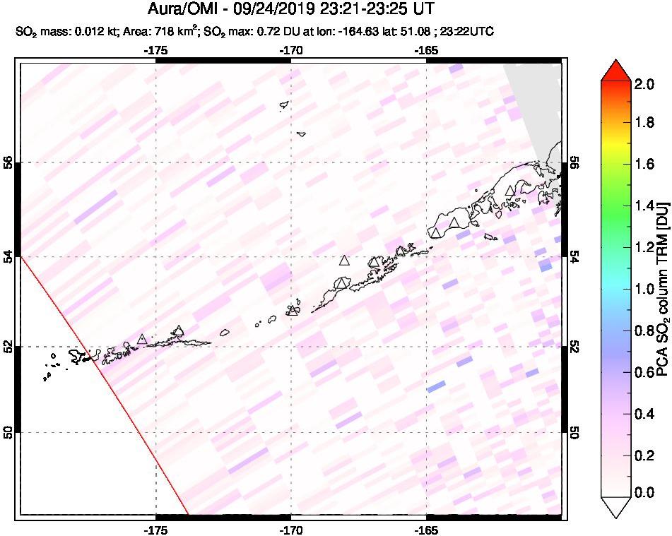 A sulfur dioxide image over Aleutian Islands, Alaska, USA on Sep 24, 2019.