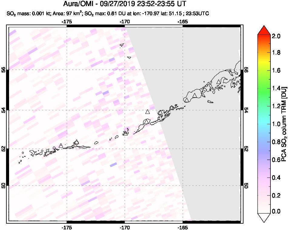 A sulfur dioxide image over Aleutian Islands, Alaska, USA on Sep 27, 2019.