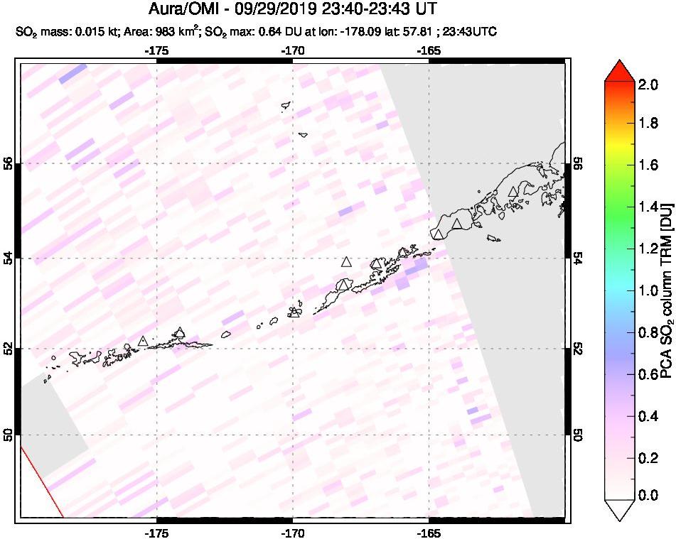 A sulfur dioxide image over Aleutian Islands, Alaska, USA on Sep 29, 2019.