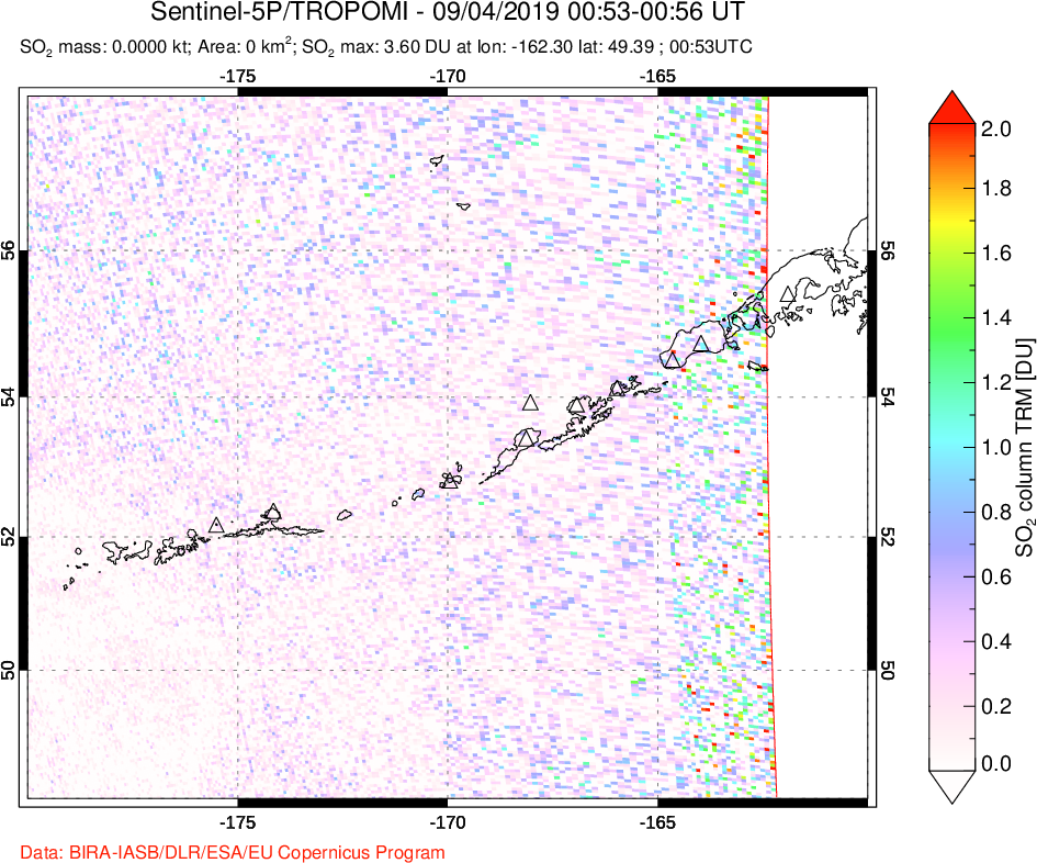 A sulfur dioxide image over Aleutian Islands, Alaska, USA on Sep 04, 2019.