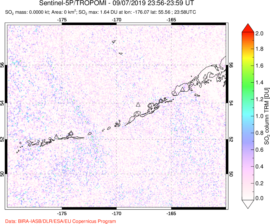 A sulfur dioxide image over Aleutian Islands, Alaska, USA on Sep 07, 2019.