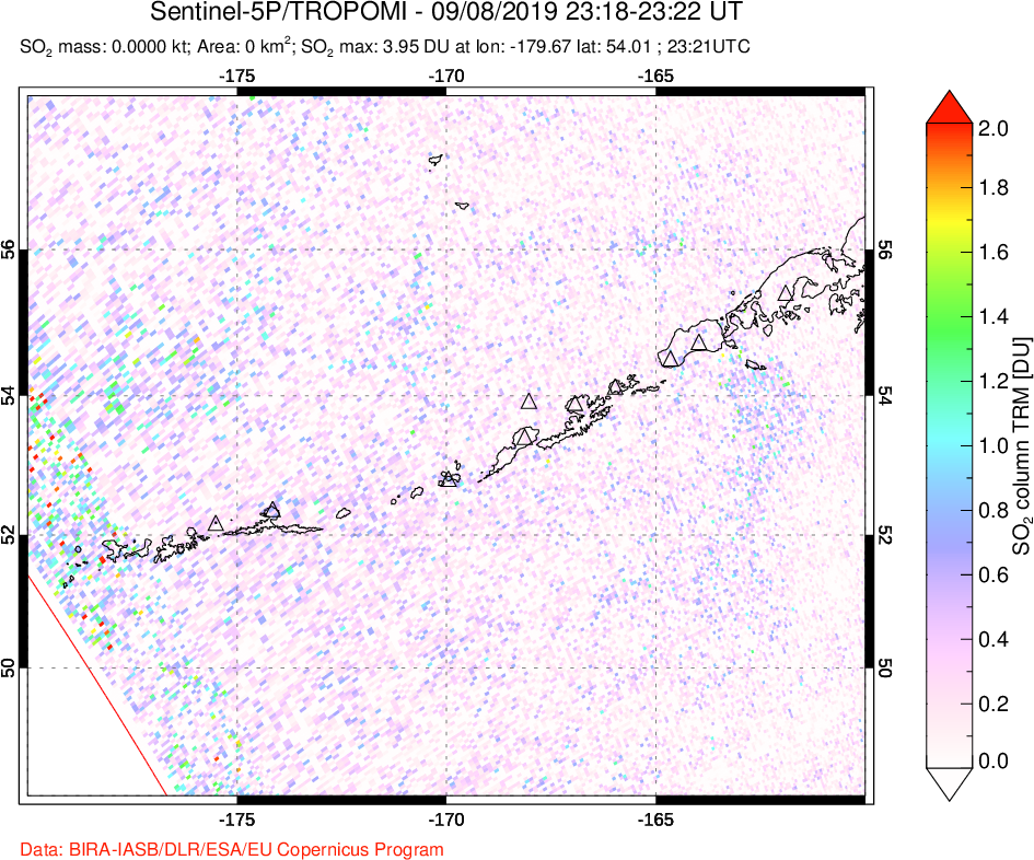 A sulfur dioxide image over Aleutian Islands, Alaska, USA on Sep 08, 2019.
