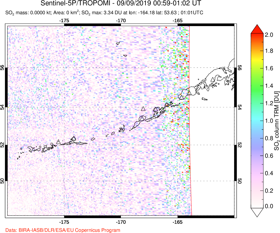 A sulfur dioxide image over Aleutian Islands, Alaska, USA on Sep 09, 2019.