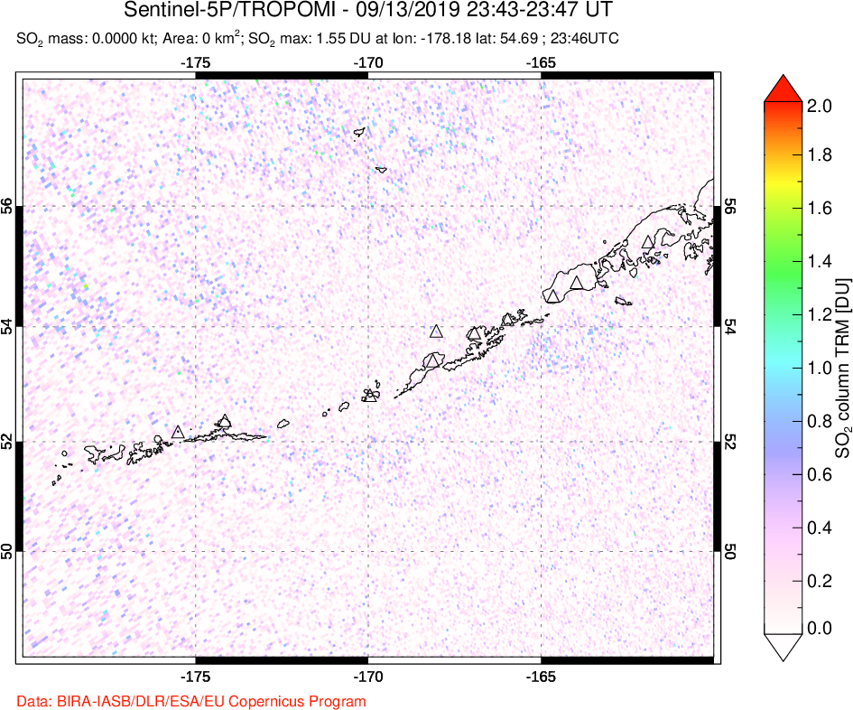 A sulfur dioxide image over Aleutian Islands, Alaska, USA on Sep 13, 2019.