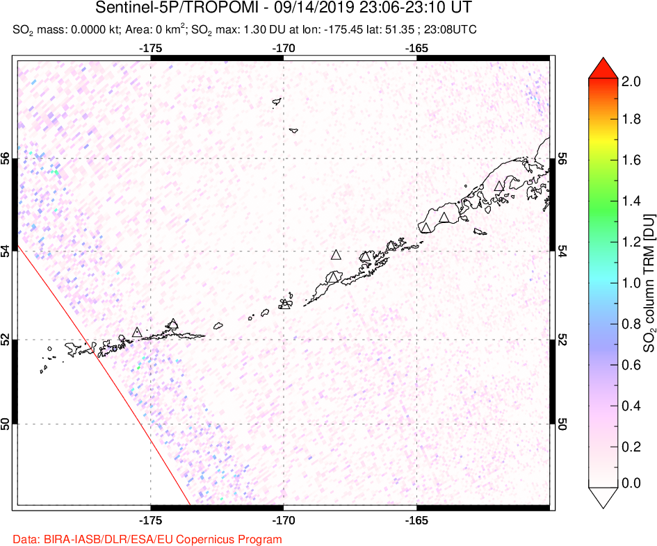 A sulfur dioxide image over Aleutian Islands, Alaska, USA on Sep 14, 2019.