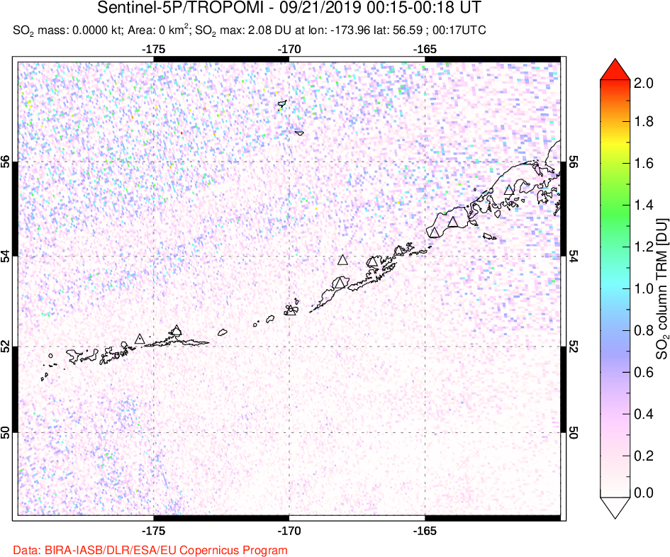 A sulfur dioxide image over Aleutian Islands, Alaska, USA on Sep 21, 2019.