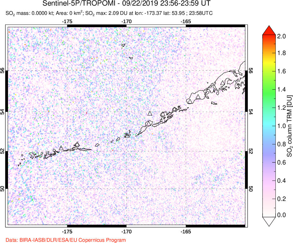 A sulfur dioxide image over Aleutian Islands, Alaska, USA on Sep 22, 2019.