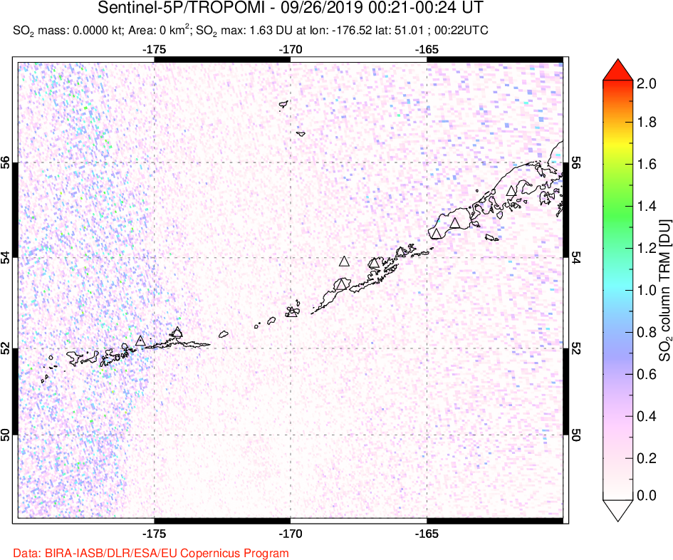 A sulfur dioxide image over Aleutian Islands, Alaska, USA on Sep 26, 2019.