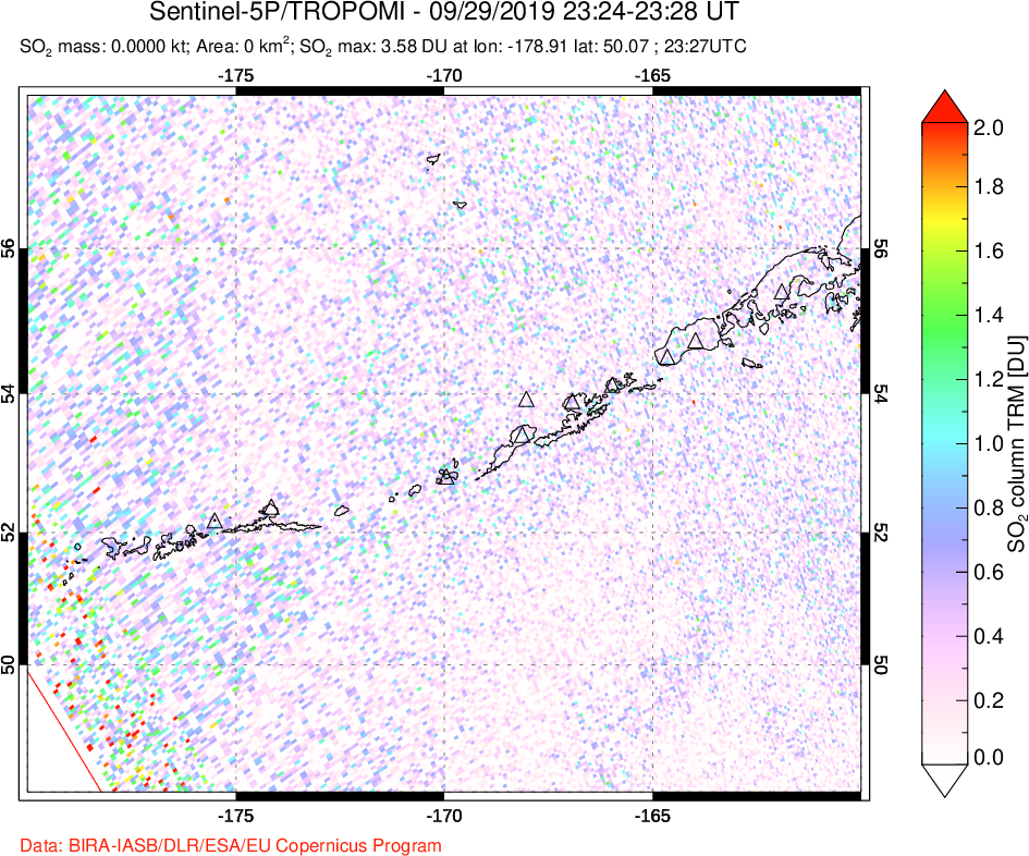 A sulfur dioxide image over Aleutian Islands, Alaska, USA on Sep 29, 2019.