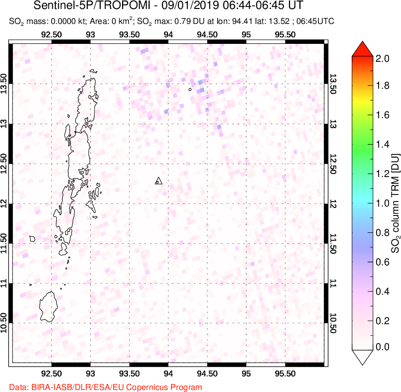 A sulfur dioxide image over Andaman Islands, Indian Ocean on Sep 01, 2019.