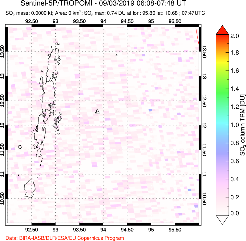 A sulfur dioxide image over Andaman Islands, Indian Ocean on Sep 03, 2019.