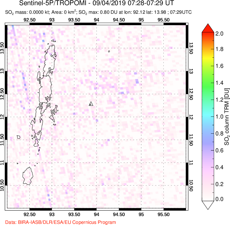 A sulfur dioxide image over Andaman Islands, Indian Ocean on Sep 04, 2019.