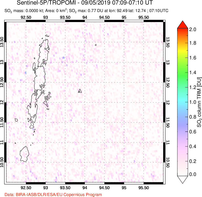 A sulfur dioxide image over Andaman Islands, Indian Ocean on Sep 05, 2019.