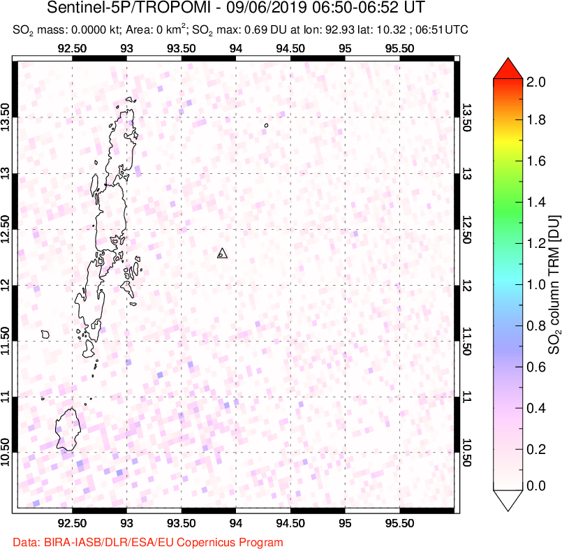 A sulfur dioxide image over Andaman Islands, Indian Ocean on Sep 06, 2019.