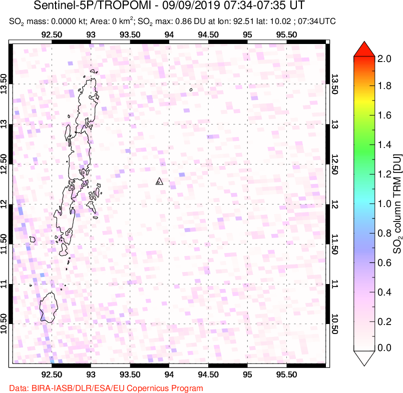 A sulfur dioxide image over Andaman Islands, Indian Ocean on Sep 09, 2019.