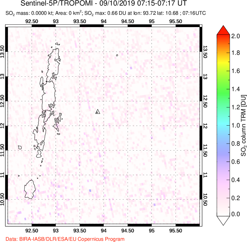 A sulfur dioxide image over Andaman Islands, Indian Ocean on Sep 10, 2019.