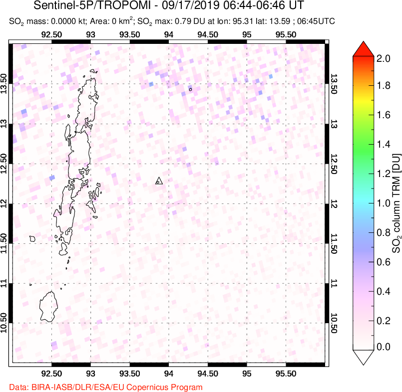 A sulfur dioxide image over Andaman Islands, Indian Ocean on Sep 17, 2019.