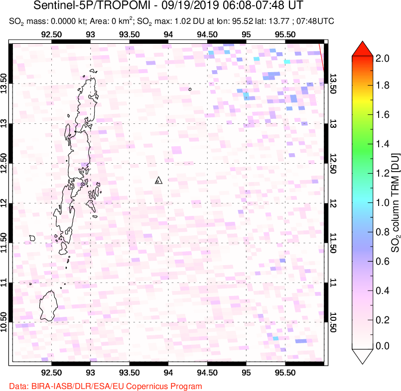 A sulfur dioxide image over Andaman Islands, Indian Ocean on Sep 19, 2019.