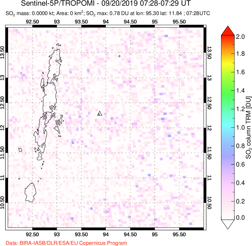A sulfur dioxide image over Andaman Islands, Indian Ocean on Sep 20, 2019.