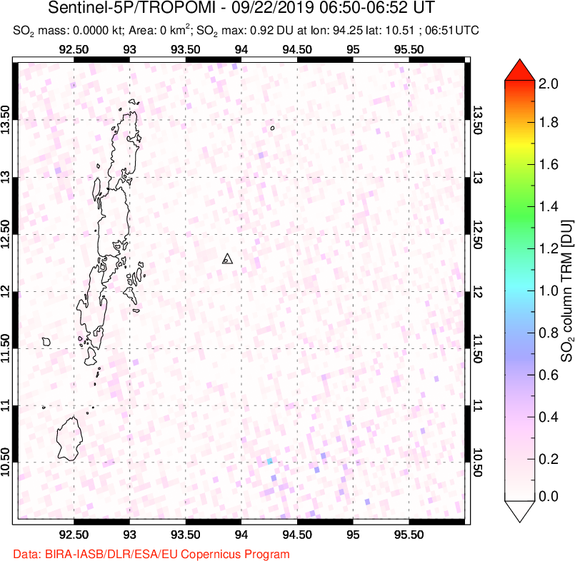 A sulfur dioxide image over Andaman Islands, Indian Ocean on Sep 22, 2019.