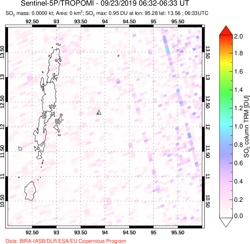 A sulfur dioxide image over Andaman Islands, Indian Ocean on Sep 23, 2019.