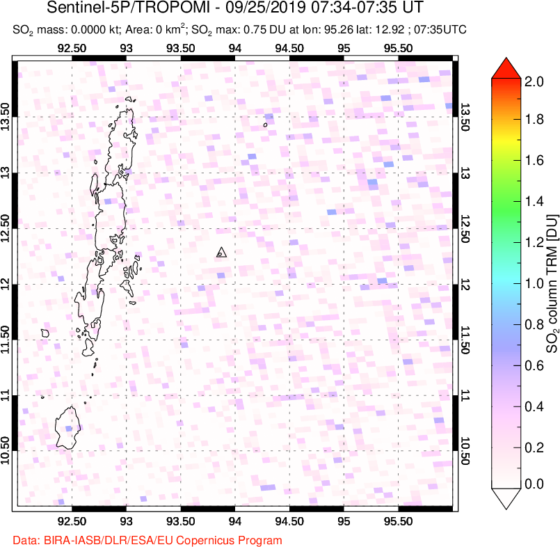 A sulfur dioxide image over Andaman Islands, Indian Ocean on Sep 25, 2019.