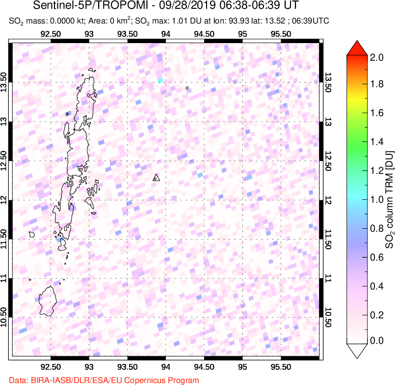 A sulfur dioxide image over Andaman Islands, Indian Ocean on Sep 28, 2019.