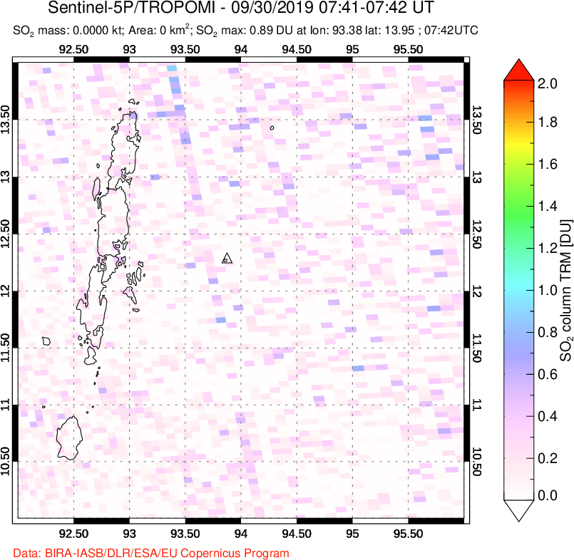 A sulfur dioxide image over Andaman Islands, Indian Ocean on Sep 30, 2019.