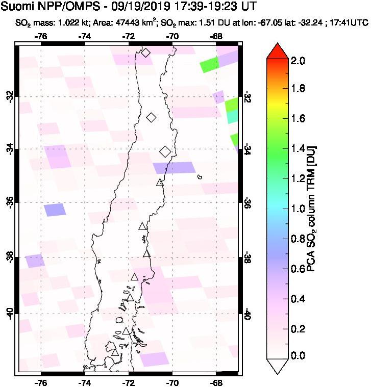 A sulfur dioxide image over Central Chile on Sep 19, 2019.