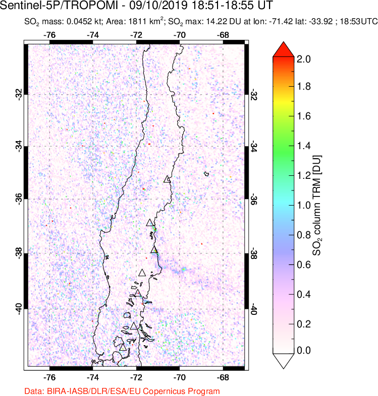 A sulfur dioxide image over Central Chile on Sep 10, 2019.